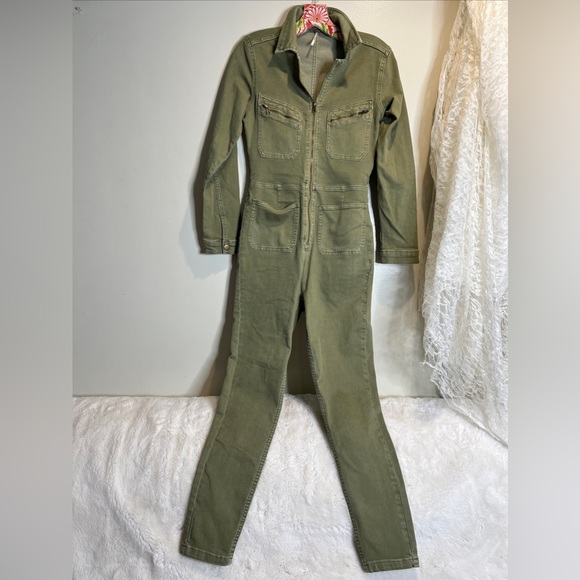 Free People Lennox Denim Fitted Jumpsuit coverall S - Picture 3 of 7